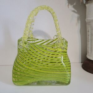 Vintage Lime Green Yellow Striped Swirls Art Glass Purse